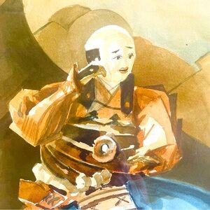 Vintage Japanese Samurai Watercolor Painting in Frame